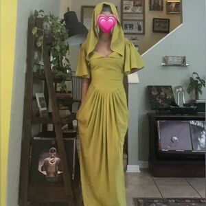 Unique Vintage Lime Green Hooded Draped Maxi Dress